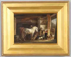 Antony De Bree, Figures Conversing At A Barn Door, oil on panel