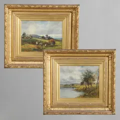 David Bates, On The Avon; Fern Gathering On Welland Common, Near Malvern, oil on canvas