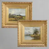 David Bates, On The Avon; Fern Gathering On Welland Common, Near Malvern, oil on canvas
