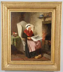 Haynes King, 'The Evening News', oil on board in a contemporary ornate gilt frame