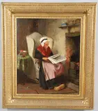 Haynes King, 'The Evening News', oil on board in a contemporary ornate gilt frame