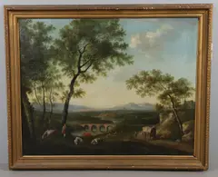 George Barrett Snr, Extensive Landscape With Travellers On A Country Lane, oil on canvas