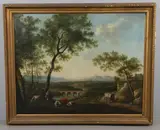 George Barrett Snr, Extensive Landscape With Travellers On A Country Lane, oil on canvas