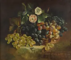 William Duffield, Still Life Of Grapes And Flowers In A Panier Upon A Ledge, oil on canvas