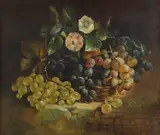 William Duffield, Still Life Of Grapes And Flowers In A Panier Upon A Ledge, oil on canvas
