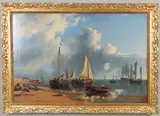 William Joy, A Coastal Scene With Fishing Boats And Other Shipping, Figures On A Beach In The Foreground