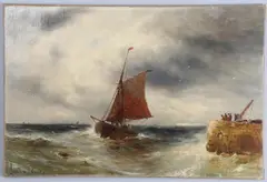 Gustave de Breanski, Fishing Boats Off A Harbour, oil on canvas