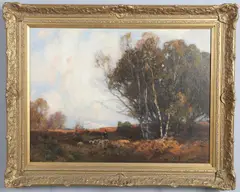 John Noble Barlow, “Autumn Gold” A Woodland Heath With Shepherd And Sheep, oil on canvas