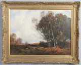 John Noble Barlow, “Autumn Gold” A Woodland Heath With Shepherd And Sheep, oil on canvas