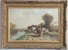 Jules Jacques Veyrasssat, Figures With Shire Horses Beside A Canal, oil on canvas