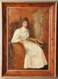 Charles Vigor, Lady In A White Dress With Boater, Oil on canvas