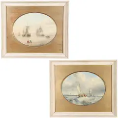 Henry Redmore, Fishing Boat And Other Vessels In Choppy Waters; Fisherfolk And Vessels By The Shore, oil on canvas