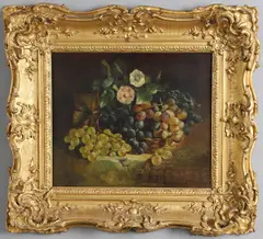 William Duffield, Still Life Of Grapes And Flowers In A Panier Upon A Ledge, oil on canvas