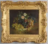 William Duffield, Still Life Of Grapes And Flowers In A Panier Upon A Ledge, oil on canvas