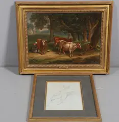 James Leakey, Study Of A Milkmaid And Her Cows, with a pencil study by Leakey of the boy on the right in the oil