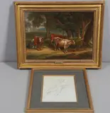 James Leakey, Study Of A Milkmaid And Her Cows, with a pencil study by Leakey of the boy on the right in the oil