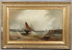 William Edward Webb, Fishing Boats In Rough Coastal Waters Near A Jetty