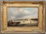 Ferdinand Pinot, A Coastal Inlet With Moored Vessels And Fisherfolk