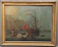 Peter Monamy, A Cutter, Flying The Red Ensign And The English Flag, With An Ichthyocentaur And Sea Creatures In The Foreground