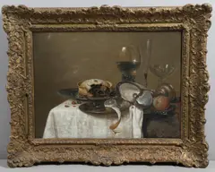 Willem Claesz. Heda, Still Life With Glassware, A Pie On A Pewter Dish, A Peeled Lemon And An Upturned Cup, Upon A Partially Draped Table