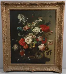 Jan van Huysum, Still Life Of Mixed Flowers In A Bowl Upon A Ledge, With A Bird's Nest