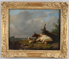 Eugène Verboeckhoven, A Cow Resting, With Sheep And Ducks, By A Stream
