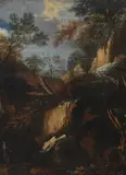 Pietro Montanini, Rocky Landscape With A Hermit By A Grotto