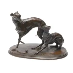 Pierre-Jules Mêne, 'Jiji And Gisella', an animalier bronze group of two whippets playing with a ball upon a carpet