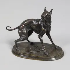Pierre-Jules Mêne, Untitled, a 19th century bronze of a Whippet upon an oval base with fan and foliage detail