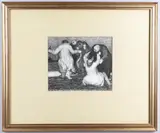 Mary Fitzpayne, THE METHS DRINKERS, CAMBERWELL, c.1954-1955, The closely worked ink technique and the communality of these men evoke the spirit of some of Goya's etched subjects