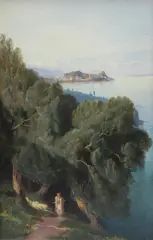 Edward Lear, Corfu From The Village Of Ascension, Lear worked with an exacting and accomplished technique in thinned oil