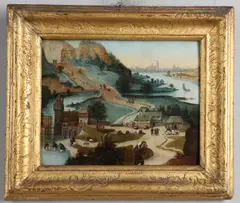 Abel Grimmer, A Mountainous River Landscape Scene With Figures Tending Sheep, A Town Beyond