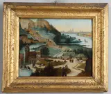 Abel Grimmer, A Mountainous River Landscape Scene With Figures Tending Sheep, A Town Beyond