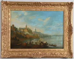 Figures With Boats On The Edge Of A Lake, A Town Beyond by Jan Frans van Bredael, sold Sep 2024