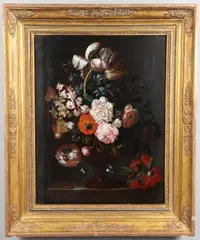 Rachel Ruysch, Still Life Of Mixed Flowers In A Glass Bowl Upon A Ledge, With A Fly, A Beetle And Butterflies