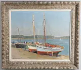 Jane Chauleur-Ozeel, Barques A Maree Basse (Cale De Loctudy), bears printed label on stretcher