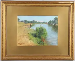 William Savage Cooper, River Scene With Boy Fishing, Summer