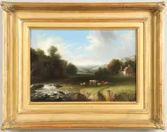 Benjamin Barker, Cattle And Sheep In A Meadow By A Farmstead, Near A Rocky River