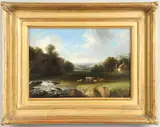 Benjamin Barker, Cattle And Sheep In A Meadow By A Farmstead, Near A Rocky River