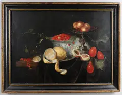 Pieter de Ring, Still Life With A Silver Tazza, A Porcelain Bowl And A Wine Glass, With Strawberries, Peaches, Plums And Lemons