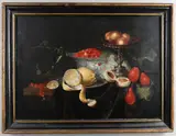 Pieter de Ring, Still Life With A Silver Tazza, A Porcelain Bowl And A Wine Glass, With Strawberries, Peaches, Plums And Lemons