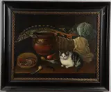 George Smith, Kitchen Still Life With A Sturgeon, A Cat, Vegetables, An Earthenware Bowl And A Wicker Basket
