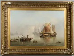Henry Redmore, A Fishing Boat, A Frigate And Hay Barges On A Misty Twilight Mooring