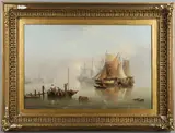 Henry Redmore, A Fishing Boat, A Frigate And Hay Barges On A Misty Twilight Mooring