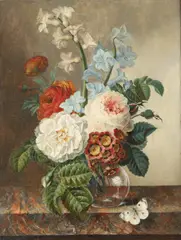 Jan van Os, Still Life Of Flowers In A Glass Bowl, With A Butterfly, On A Stone Ledge