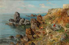 Giuseppe Giardiello, Girl Tending Goats On Craggy Cliffs On The Italian Coast