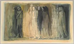 John Minton, Seven Women, watercolour with pen and black ink
