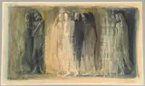 John Minton, Seven Women, watercolour with pen and black ink
