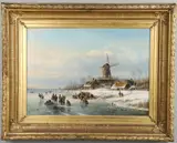 Lodewijk Johannes Kleijn, A Bright Winter's Day: Villagers On A Frozen River Near A Windmill
