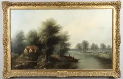William Henry Crome, Figures With A Boat And A Cart Near A Homestead, Possibly On The River Yare At Bramerton